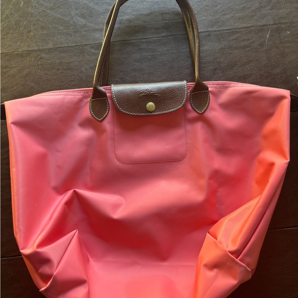 Longchamp Coral Pink Tote with Brown Accents